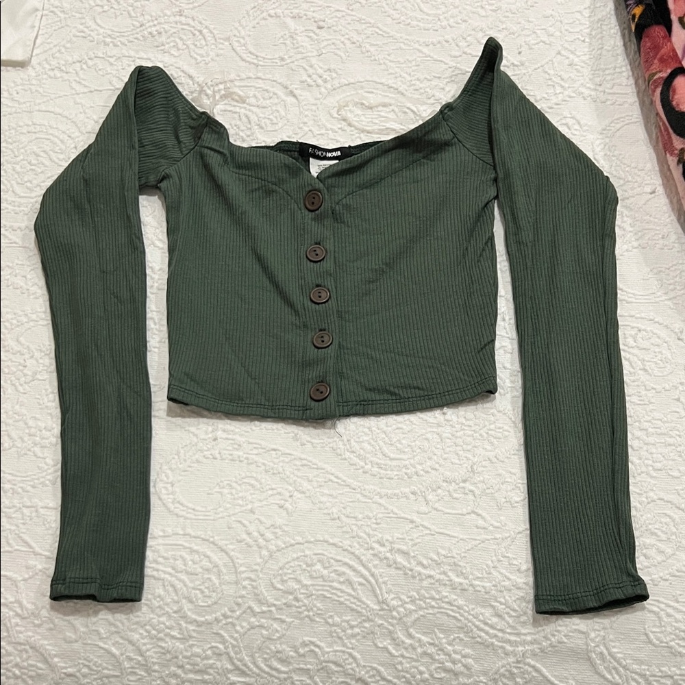 Fashion Nova Olive Ribbed Off-Shoulder Crop Top